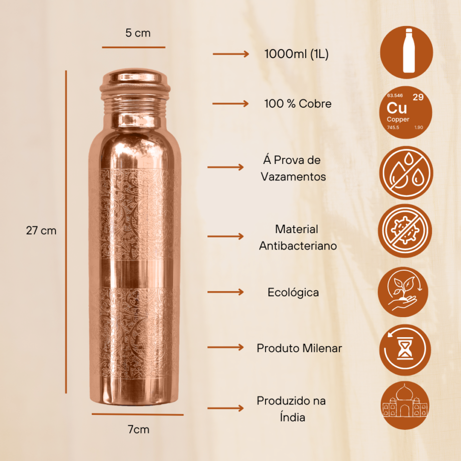 Garrafa de Cobre Para Água 1 Litro Cobre Puro Ayurveda - Imagem 2